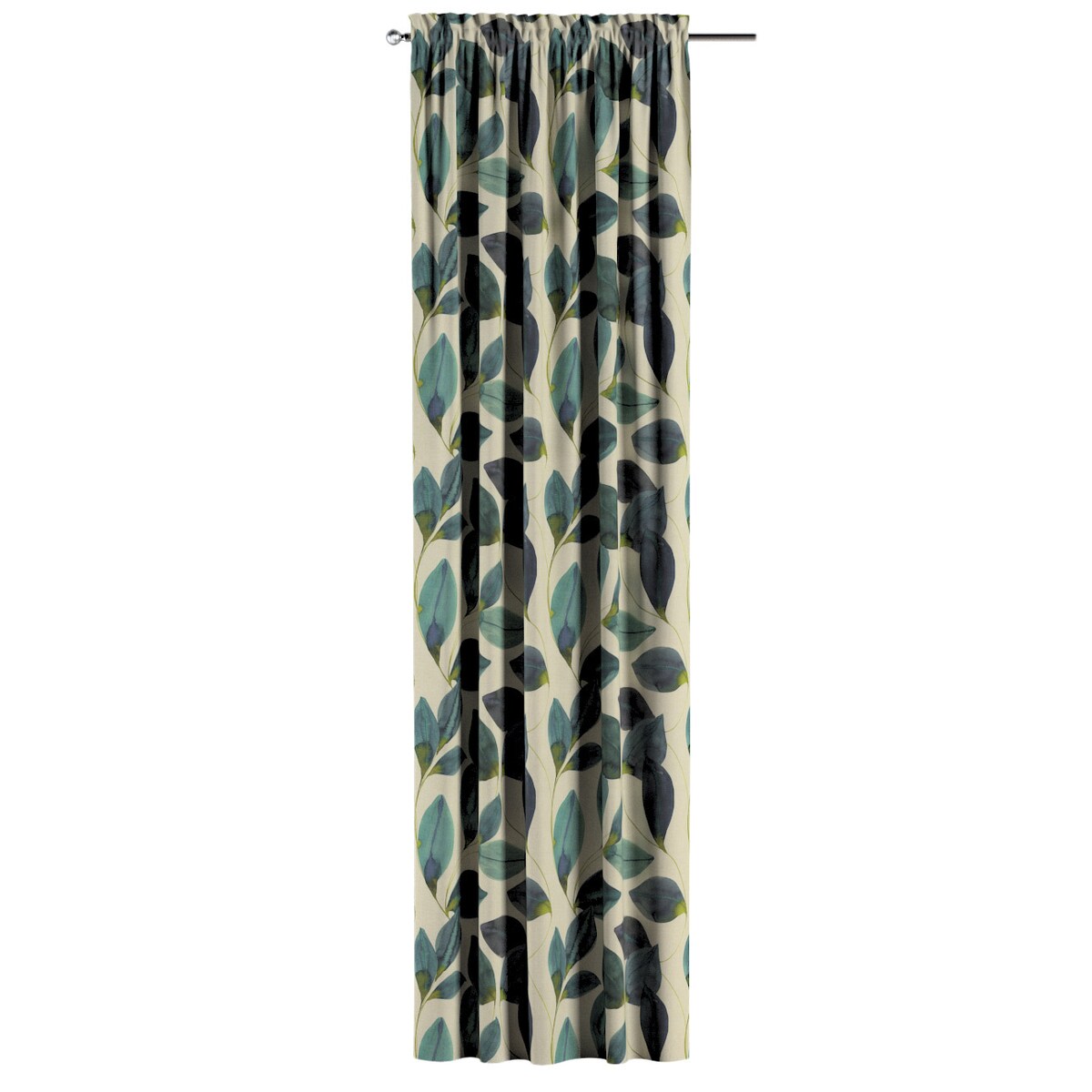 Zasłona na kanale z grzywką 1 szt. 130x245 liście w kolorze szmaragdowej zieleni z fioletem na lnianym tle