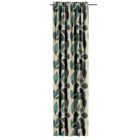 Zasłona na kanale z grzywką 1 szt. 130x245 liście w kolorze szmaragdowej zieleni z fioletem na lnianym tle