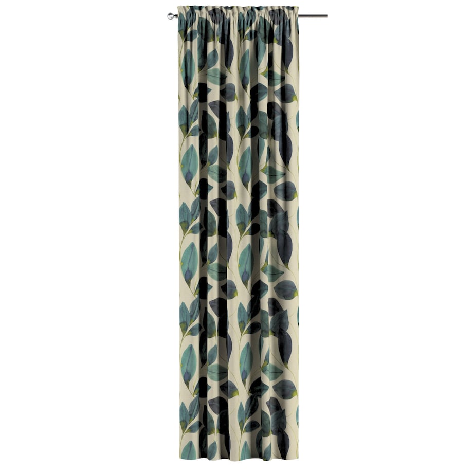 Zasłona na kanale z grzywką 1 szt. 130x245 liście w kolorze szmaragdowej zieleni z fioletem na lnianym tle