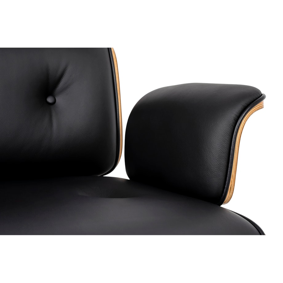 Fotel biurowy LOUNGE BUSINESS czarny z podnóżkiem - sklejka orzech, skóra naturalna, stal polerowana