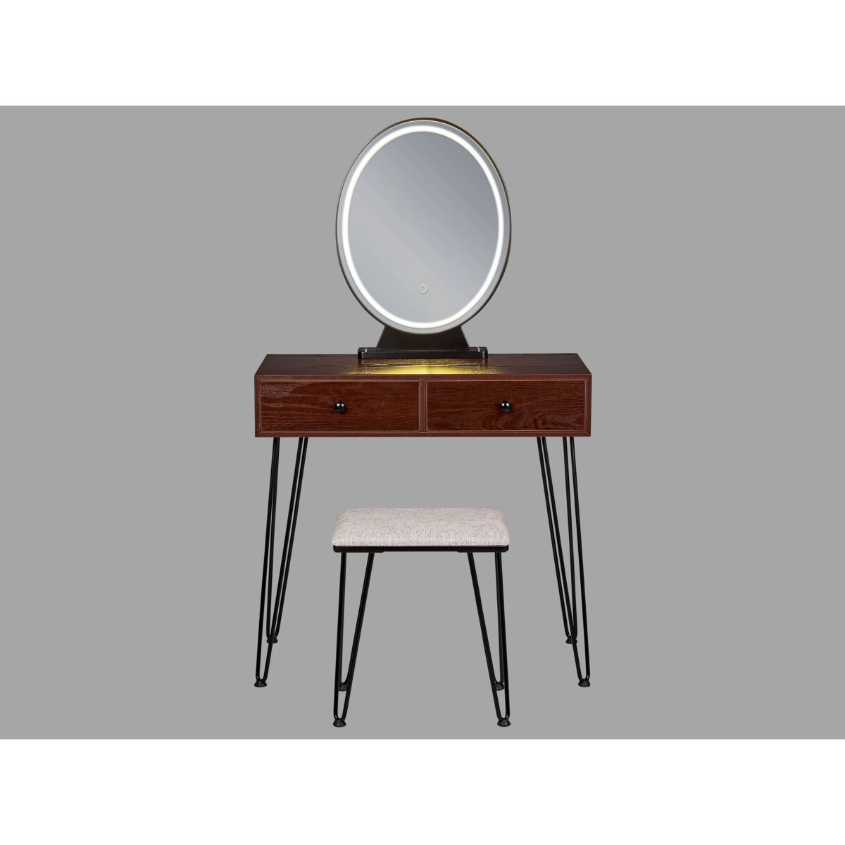 Toaletka 2 szuflady lustro LED ze stołkiem ciemne drewno z czarnym LOIX