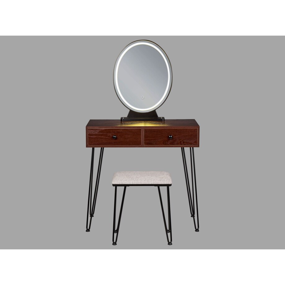 Toaletka 2 szuflady lustro LED ze stołkiem ciemne drewno z czarnym LOIX