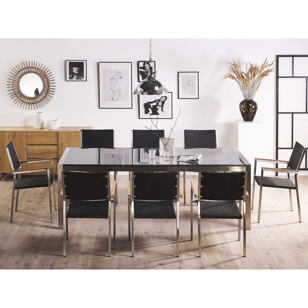 Zestaw ogrodowy stół granitowy dzielony blat szary i 8 krzeseł rattanowych czarnych GROSSETO