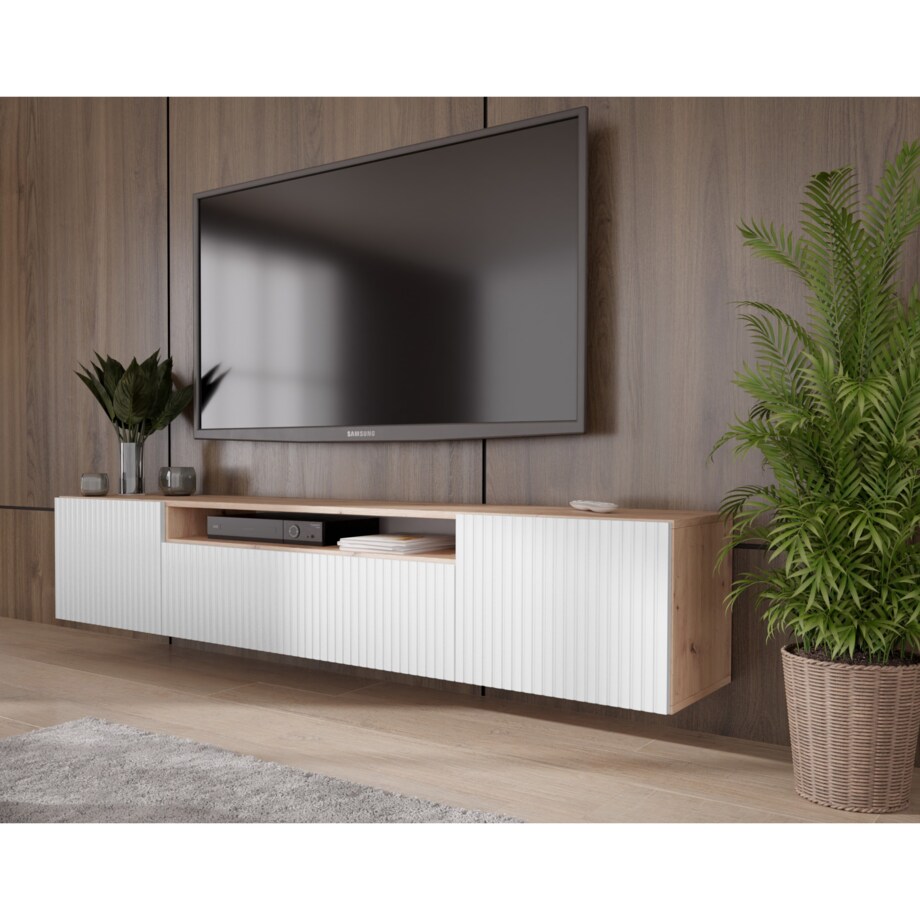 Szafka RTV MARCO wisząca pod telewizor, frezowane fronty- biały-artisan