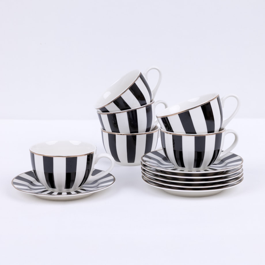 SERWIS KAWOWY 6 osób W PASKI biało czarne FILIŻANKA 200ml SPODEK na prezent