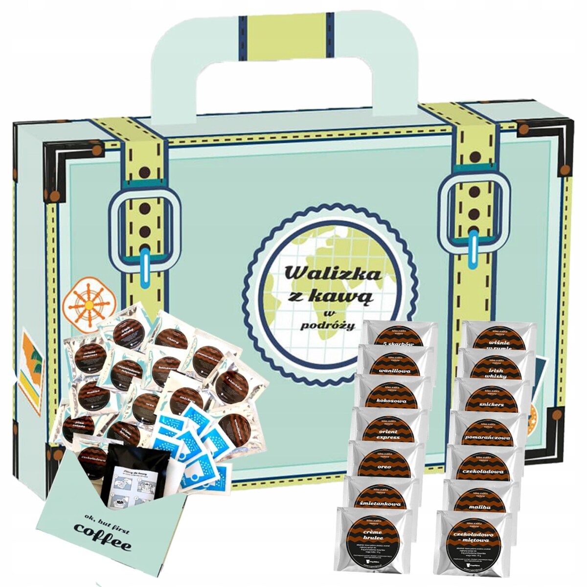 ZESTAW 14 SMAKÓW KAW DESEROWYCH DLA PODRÓŻNIKA TURYSTY NA WYJAZD + ZAPARZACZE I CUKIER - PREZENT UPOMINEK DLA KOBIETY FACETA