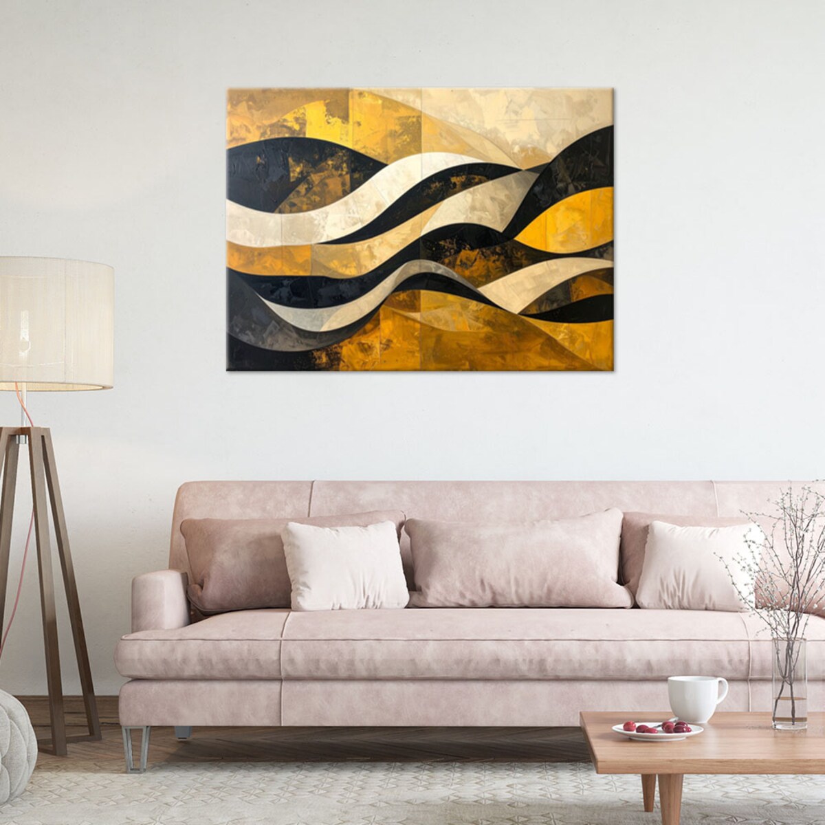 Obraz do salonu sypialni biura loftu, Abstrakcja linie kształty zółty czarny złoty