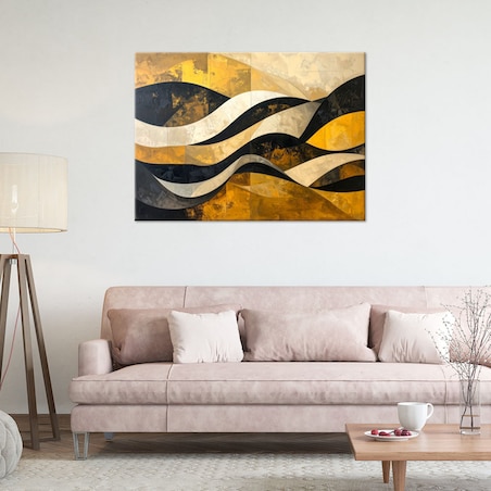 Obraz do salonu sypialni biura loftu, Abstrakcja linie kształty zółty czarny złoty