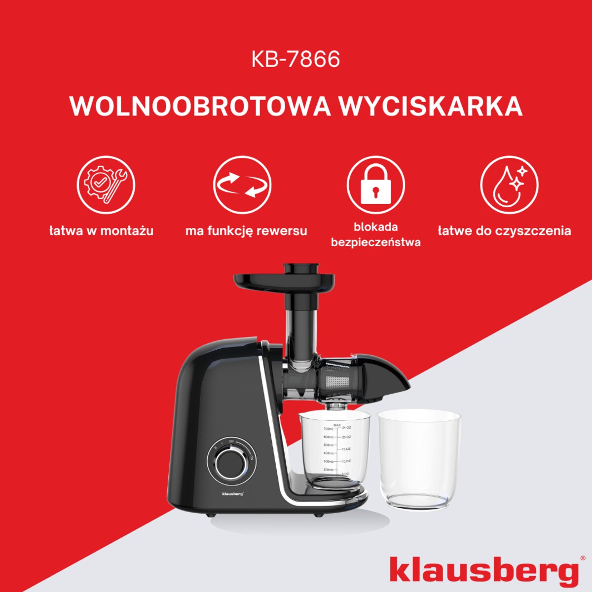 Sokowirówka wolnoobrotowa 150W do owoców i warzyw COLD PRESS KLAUSBERG KB-7866