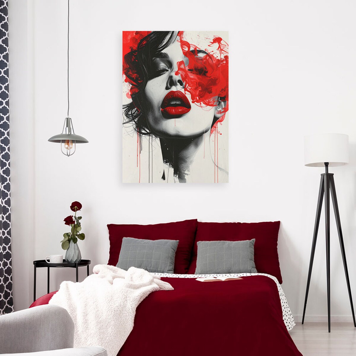 Obraz do salonu sypialni biura Kobieta, Czerwone Usta Nowoczesny Czarno Czerwony 40x60 cm