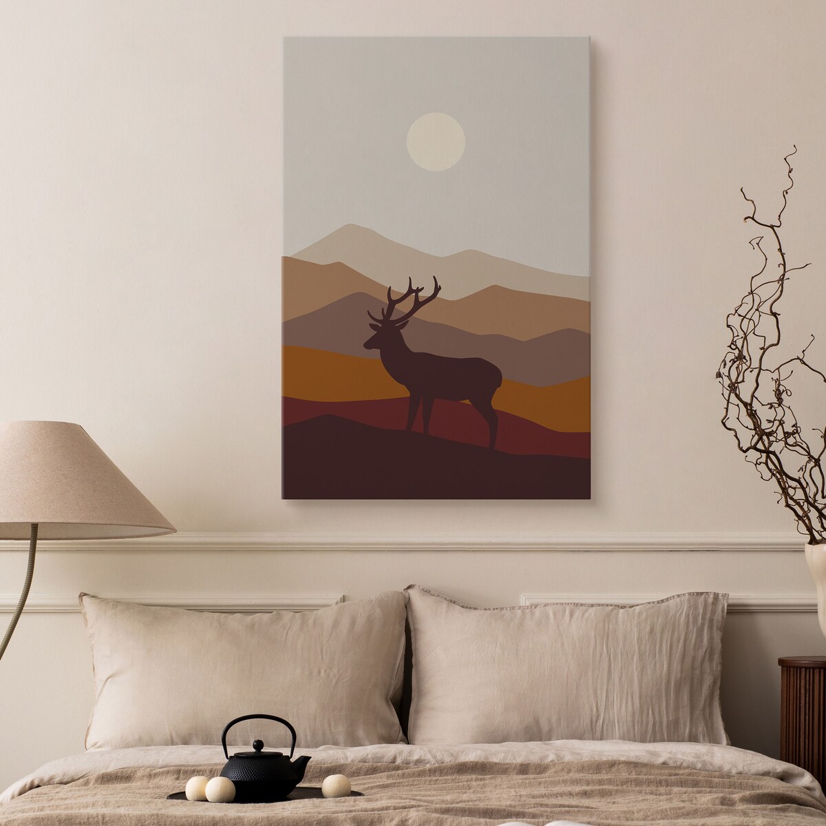 OBRAZ DO SALONU JELEŃ RYKOWISKO GÓRY KRAJOBRAZ STYL BOHO NATURA 30x40cm