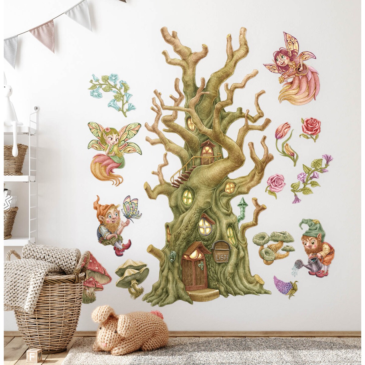 Zestaw naklejek na ścianę, Wróżki krasnale i domek, 100cm