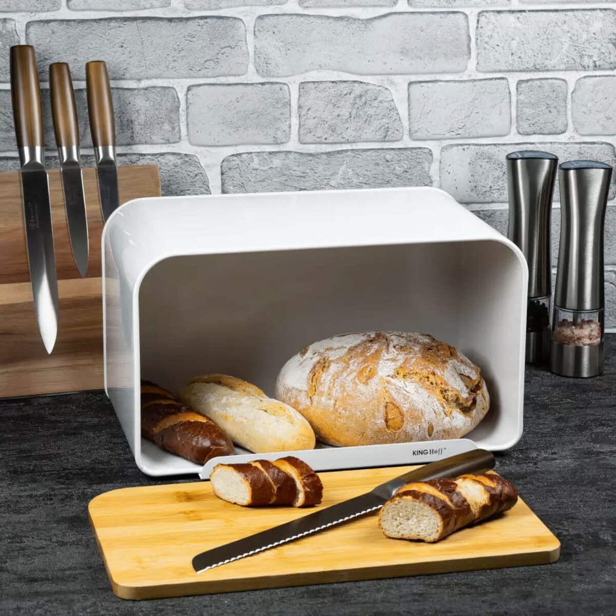 Chlebak stalowy z deską do krojenia biały KINGHOFF
