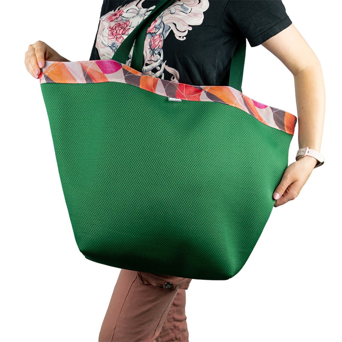 Torba na zakupy zielona-pomarańczowa ze sprzączką