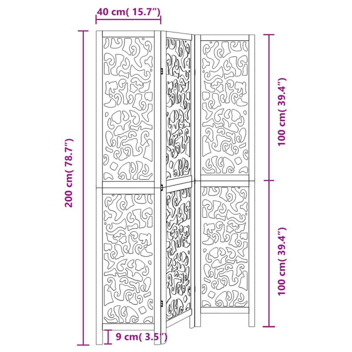 vidaXL Parawan pokojowy, 3-panelowy, czarny, lite drewno paulowni