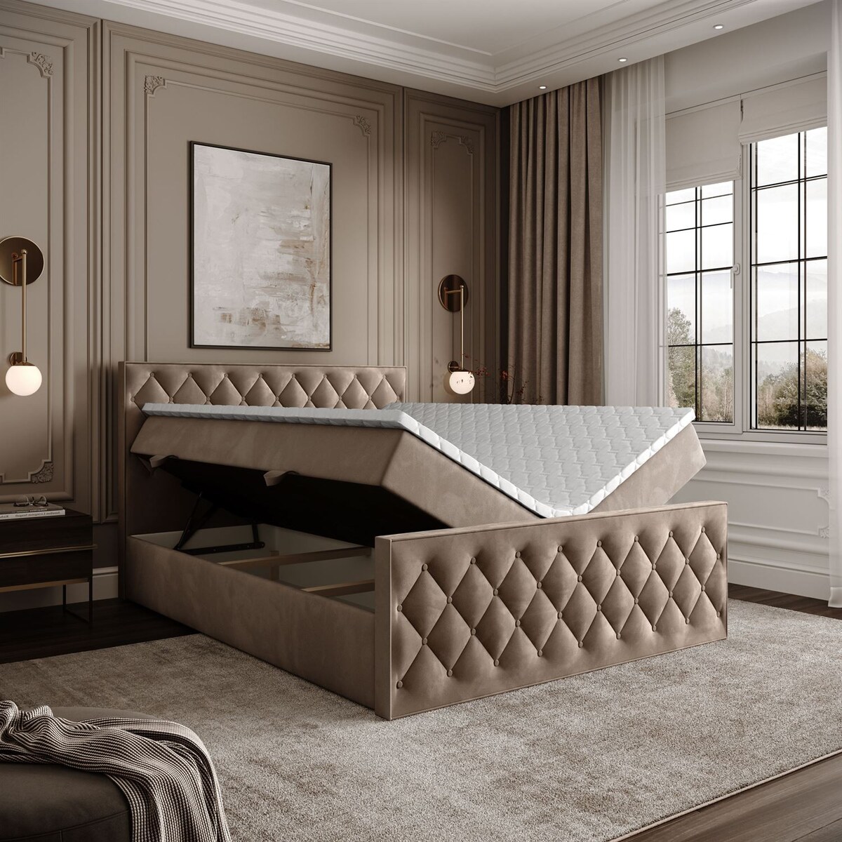 Łóżko kontynentalne INEZ II, pojemnik na pościel, 180x200, Royal Velvet 176, topper