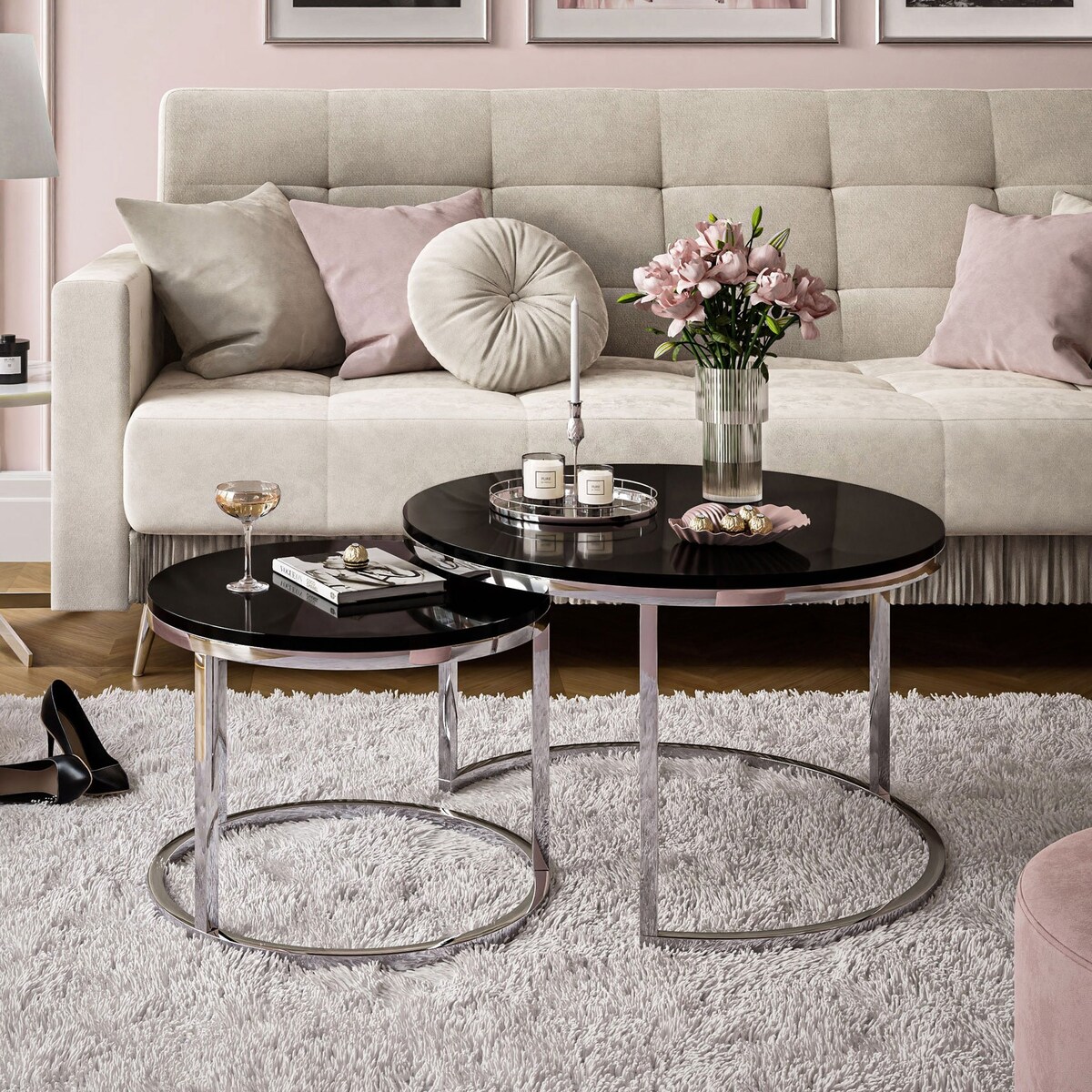 Okrągła ława 2w1 CIRI chrom czarny połysk