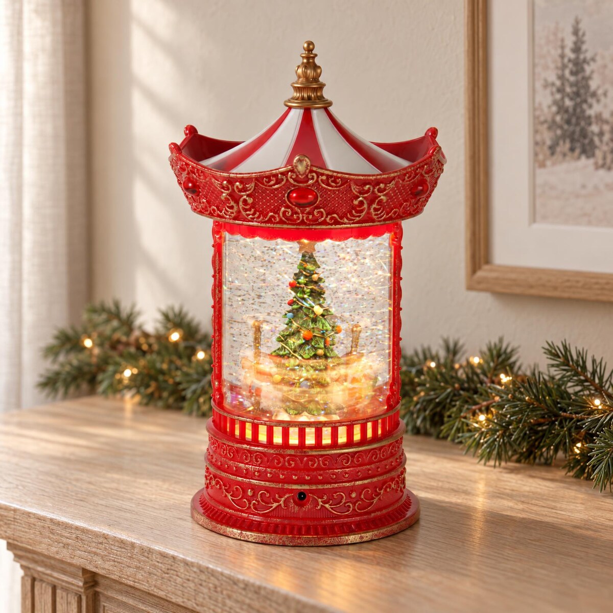 Karuzela świąteczna z wodą i brokatem, podświetlenie LED, 15,5 x 15,5 x 26 cm