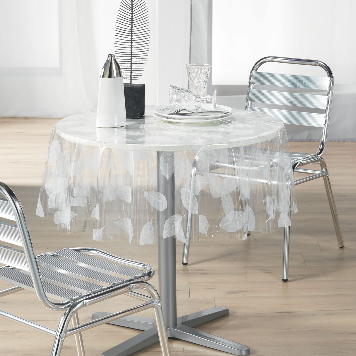 Obrus okrągły transparentny FEUILLE WHITE, Ø 140 cm, motyw liści