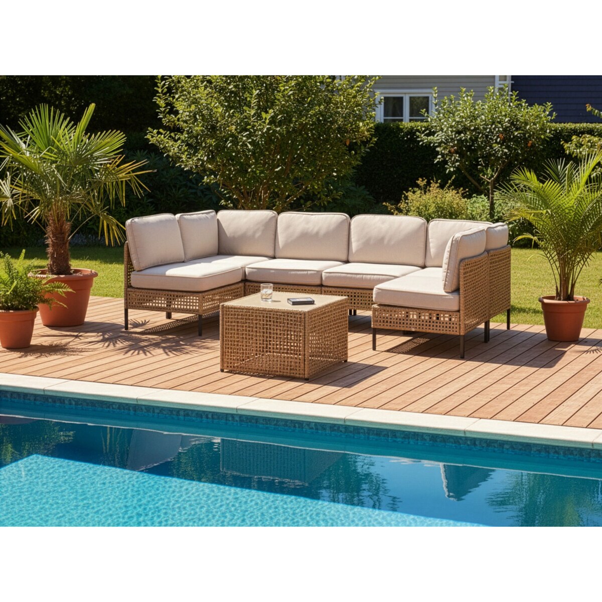 Sofa ogrodowa w kształcie U dla 6 osób OMEGANA Jasnobeżowy Technorattan Modułowy