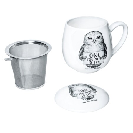 Kubek z zaparzaczem i pokrywką sowa - idealny zestaw do parzenia herbaty, perfekcyjny podarunek prezent dla mamy, taty, babci, dziadka
