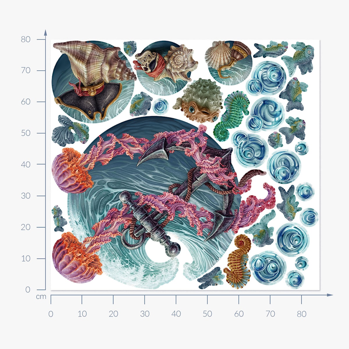 Zestaw naklejek na ścianę, Podwodny świat meduzy, 80cm