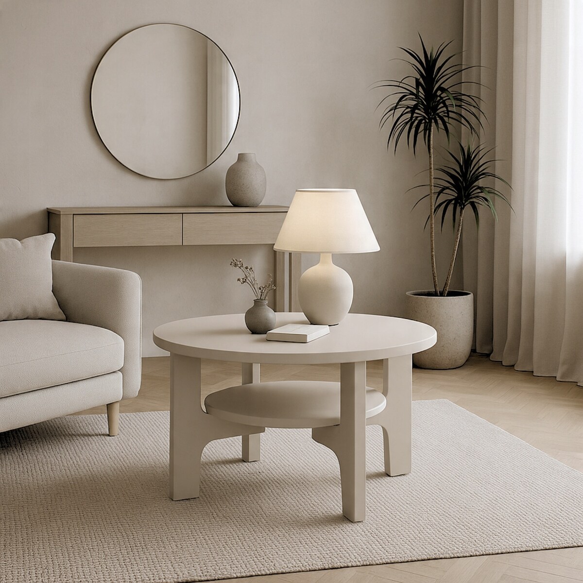 Stolik Kawowy Okrągły Do Salonu 80cm Kaszmir Nowoczesny Styl JAPANDI SCANDI