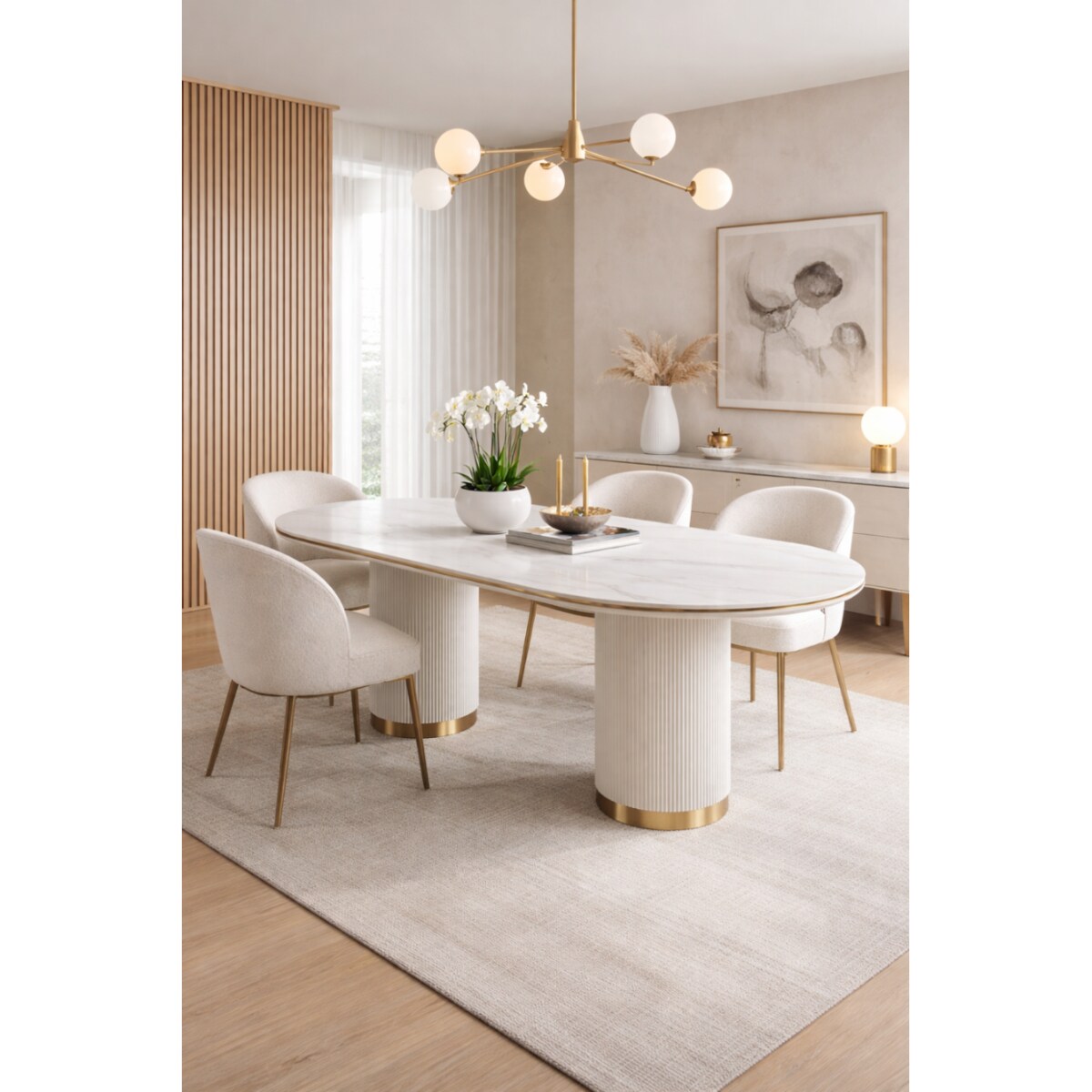 Stół owalny glamour marmur 180x90 ryflowane nogi do jadalni Luna Ecru