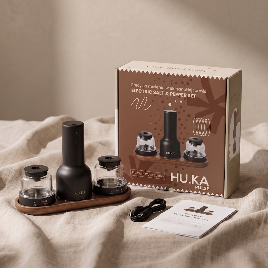 Młynek elektryczny 2w1 do soli i pieprzu USB-C HU.KA Pulse - Premium Wood