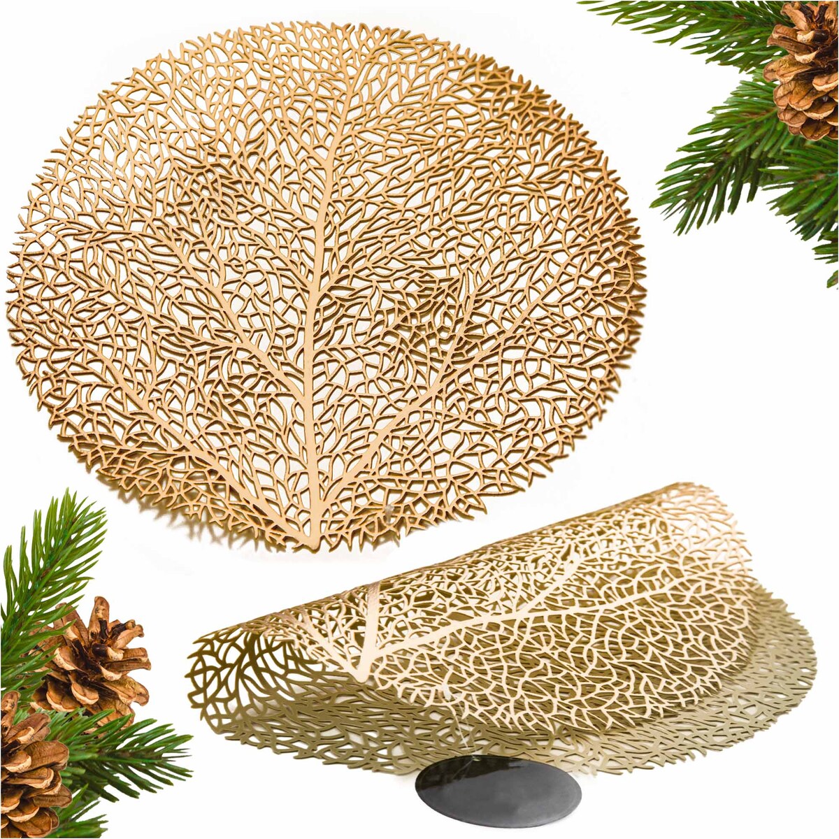 Podkładka Ażurowa Na Stół Mata Stołowa Pod Talerz Ozdoba 38 Cm Drzewo Pvc Miedziana