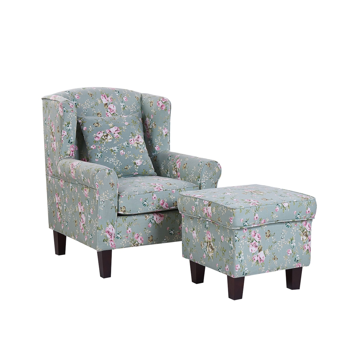 Fotel uszak z podnóżkiem w kwiaty zielony HAMAR