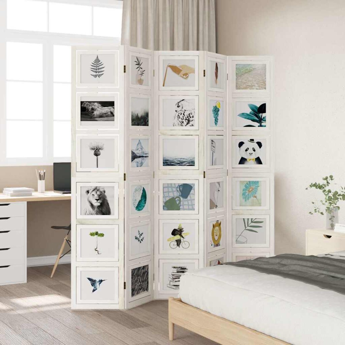 vidaXL Parawan pokojowy, 5-panelowy, biały, lite drewno paulowni