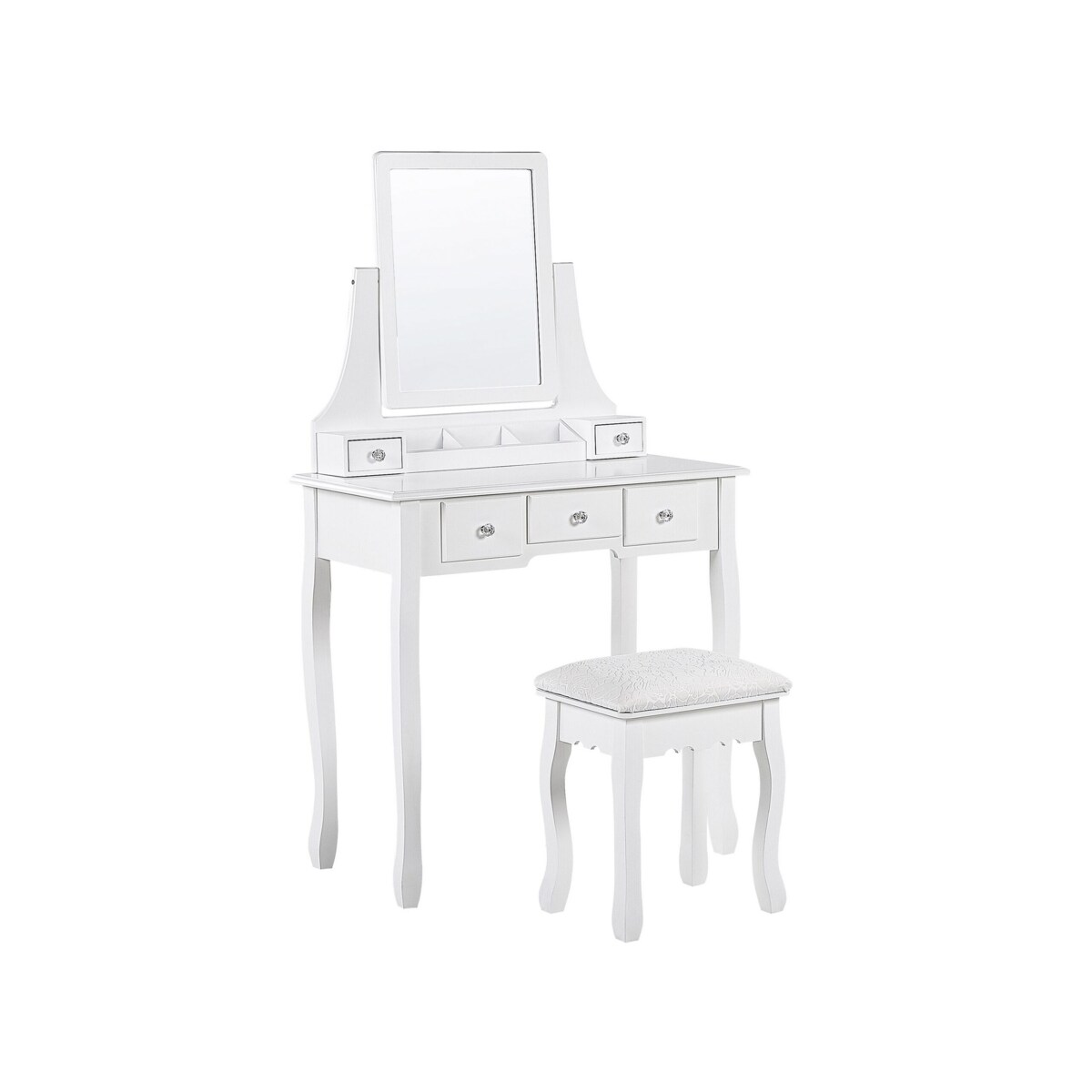 Toaletka 5 szuflad prostokątne lustro i stołek biała RAYON