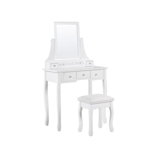 Toaletka 5 szuflad prostokątne lustro i stołek biała RAYON