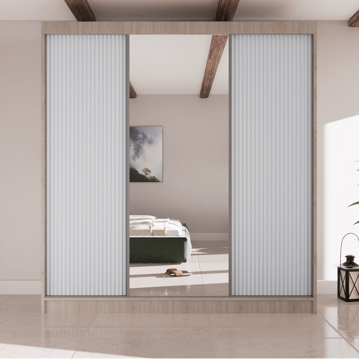 Szafa przesuwna V200 z lustrem i szufladami - sonoma+ ryfle białe