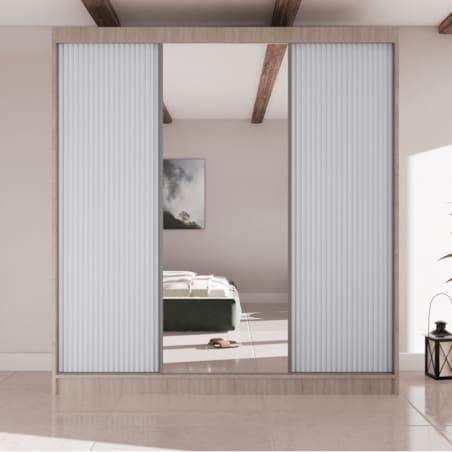 Szafa przesuwna V200 z lustrem i szufladami - sonoma+ ryfle białe