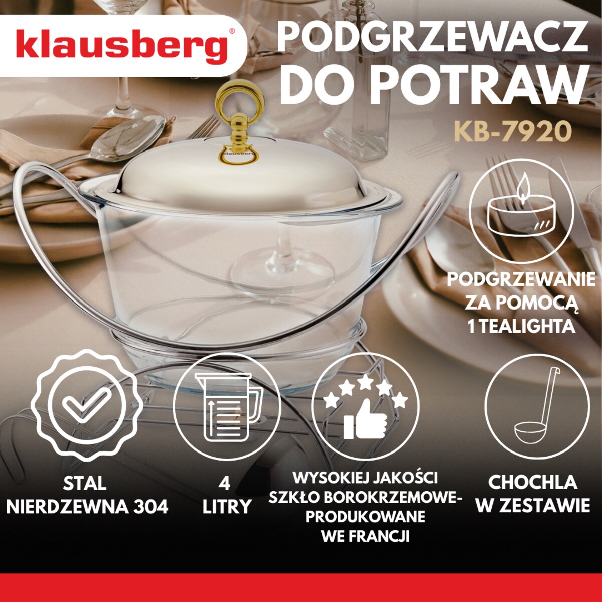 Podgrzewacz stołowy waza do zupy 4 ele. 4.0L KLAUSBERG