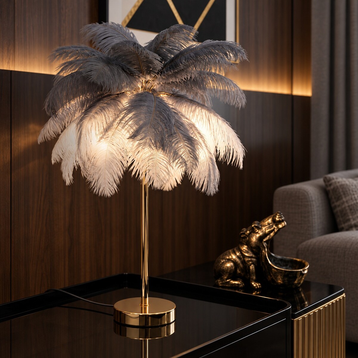 Lampa stołowa Palm, kolor złoty i szary, żelazo i tworzywo sztuczne, 55 x 55 x 60 cm, 2 x E14, max. 40 W, motyw: palma, Mauro Ferretti