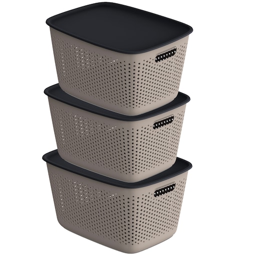 3X Pojemnik Plastikowy Ażurowy Pudełko Z Pokrywą Pojemniki Box 17L Brązowy