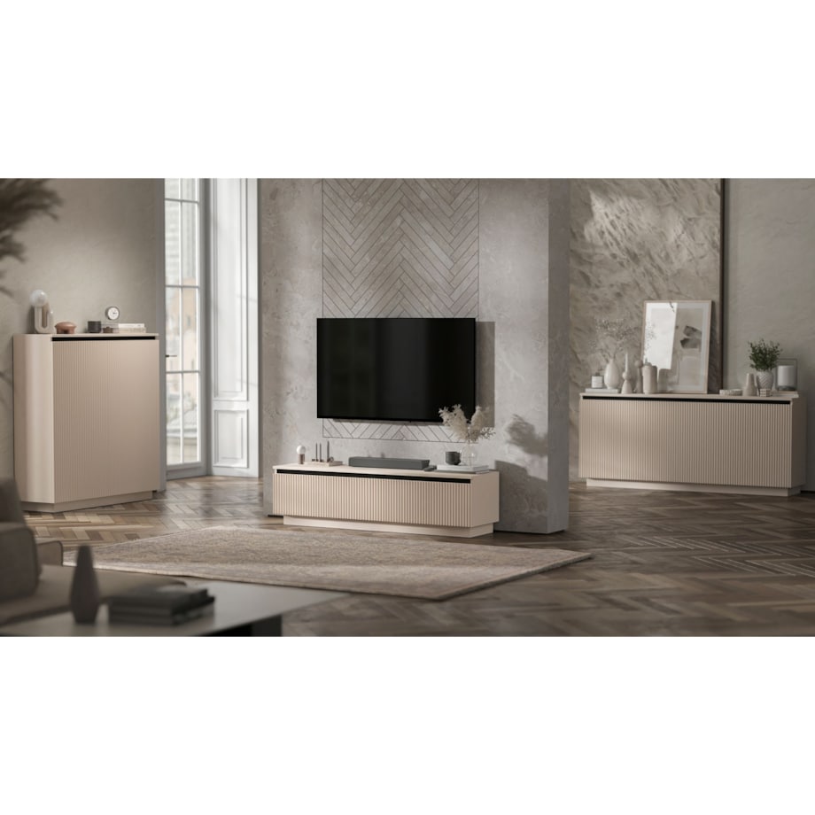 Nowoczesna Szafka RTV Glamour Komoda RTV Kaszmir Mat 280 cm ryflowane fronty