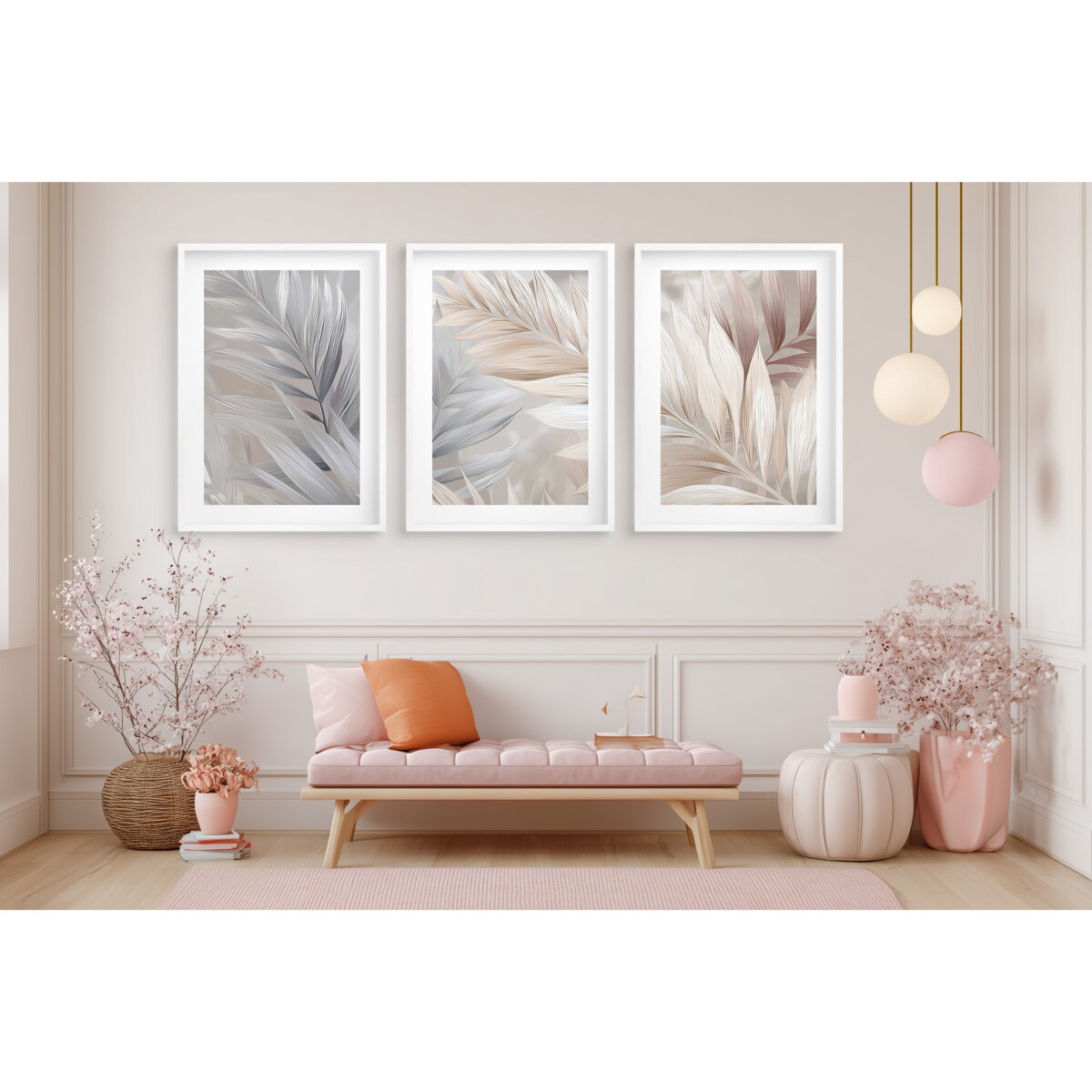 Plakaty w ramkach Liście Boho Obrazy do sypialni Pióra Ecru Beż Dekoracje
