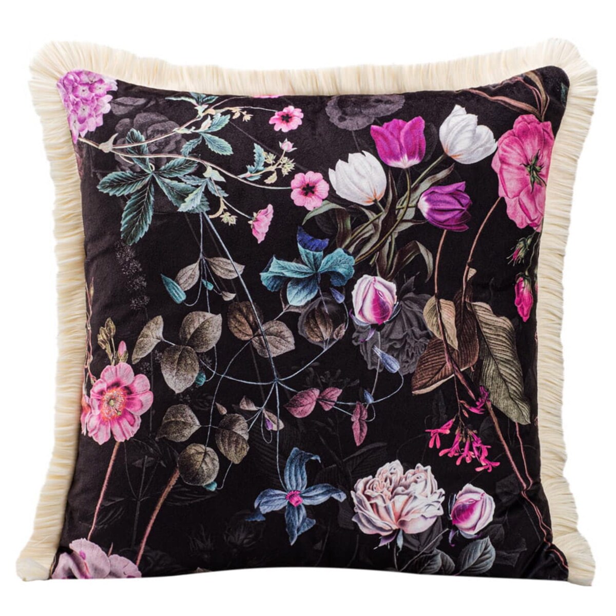 Poszewka dekoracyjna 43x43 ciemna w fioletowe kwiaty z frędzlami