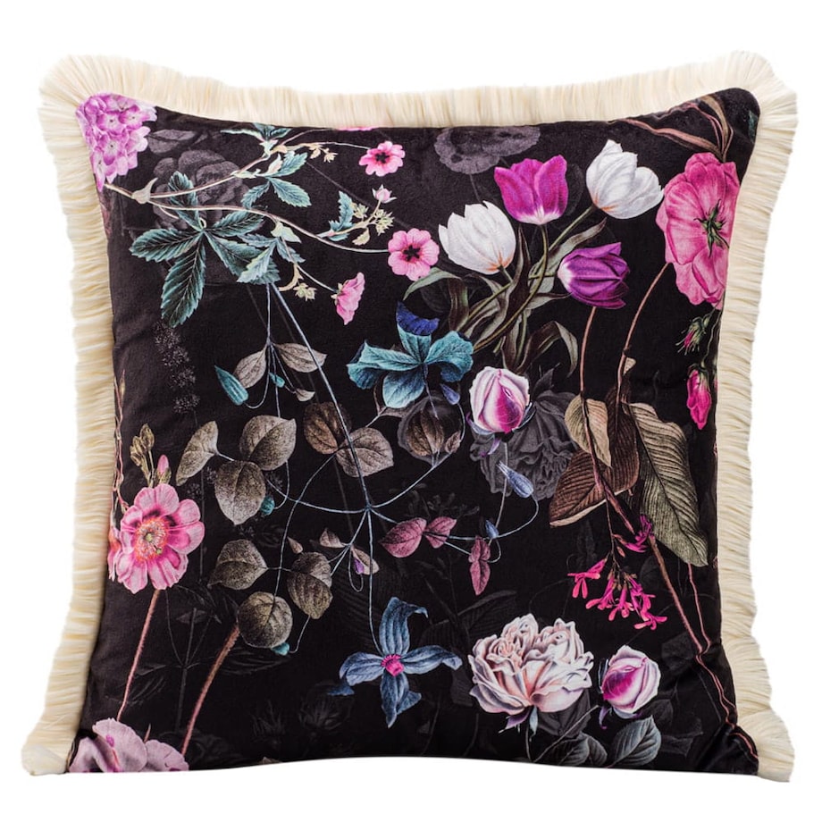 Poszewka dekoracyjna 43x43 ciemna w fioletowe kwiaty z frędzlami