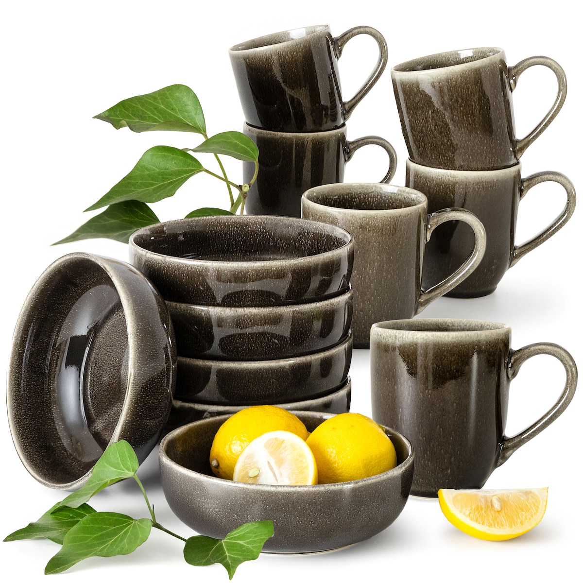 EDA Zestaw śniadaniowy 6 os. (12 el.), brązowy/szary/beżowy