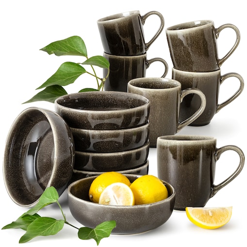 EDA Zestaw śniadaniowy 6 os. (12 el.), brązowy/szary/beżowy