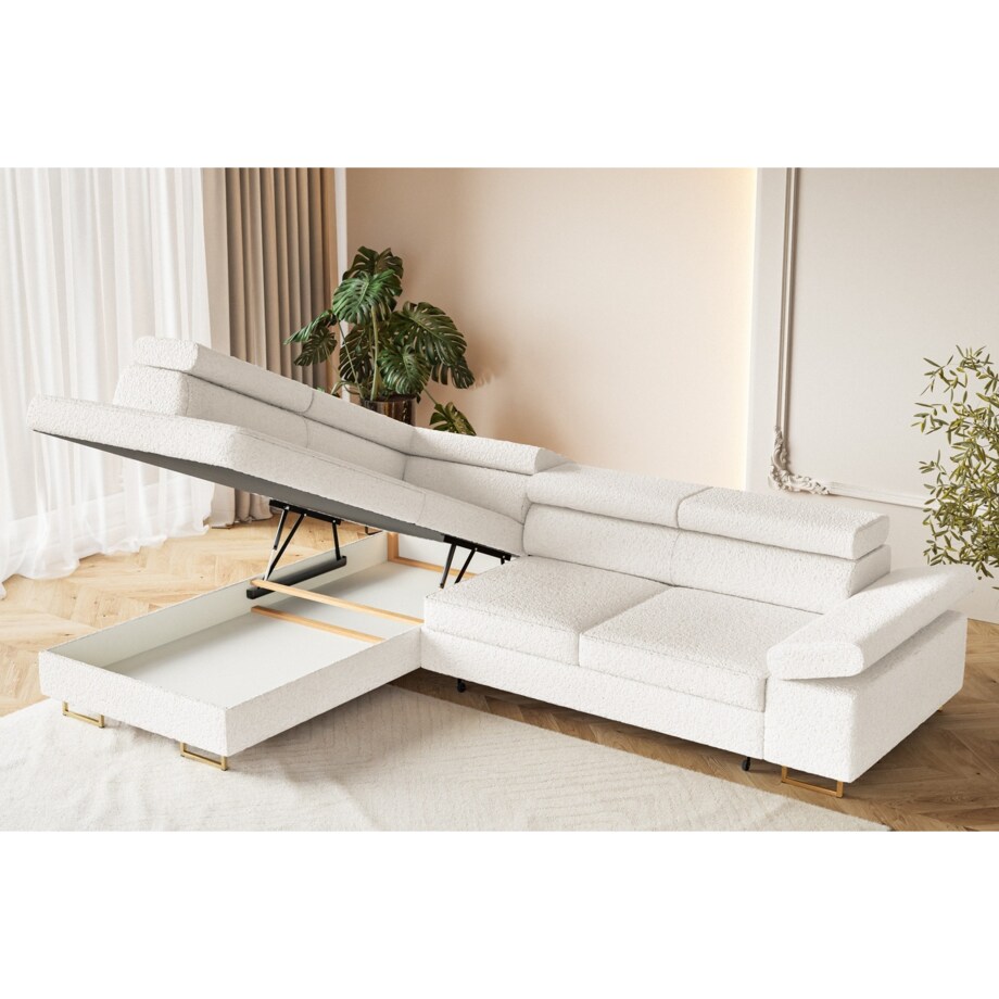 Narożnik ALEX z regulowanymi zagłówkami, lewostronny- tkanina boucle- ecru