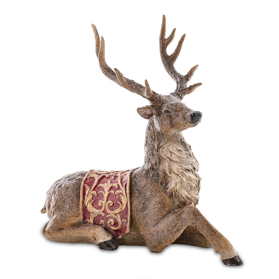 Figurka - leżący jeleń 29x29x13 cm OLEN z czerwono-złotą derką