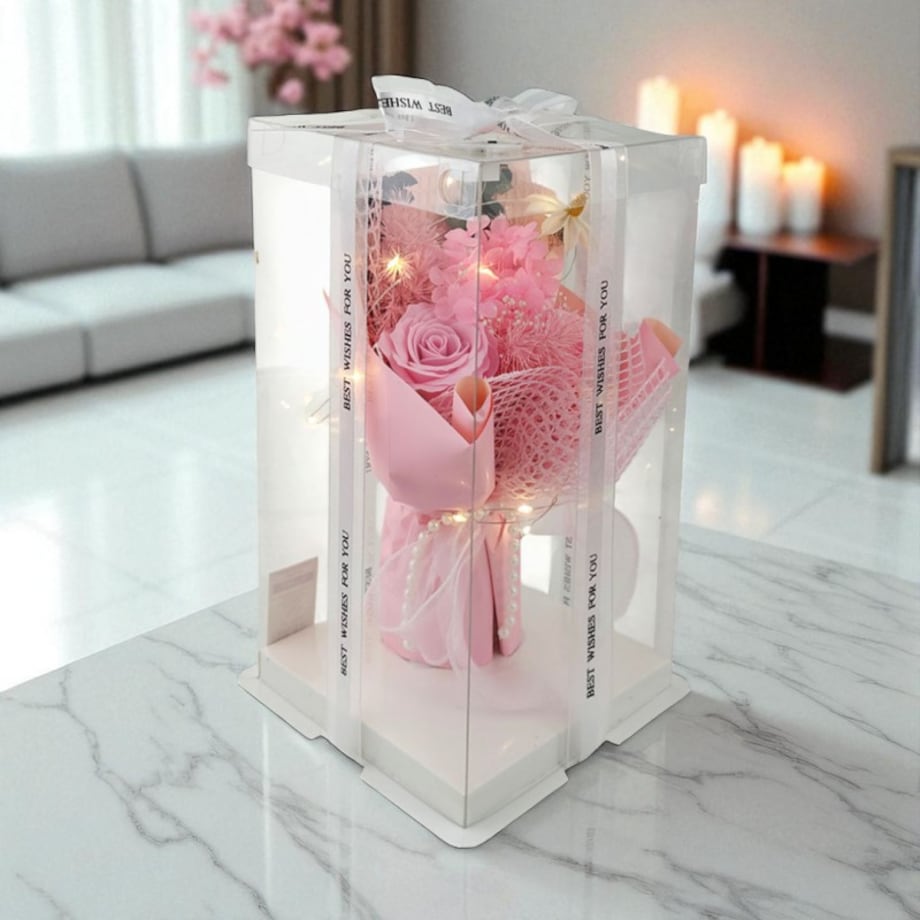 Bukiet zapachowych kwiatów mydlanych w pudełku na prezent, świecące LED BUK19