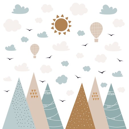 ZESTAW NAKLEJEK NA ŚCIANĘ DLA DZIECI KOLOROWE GÓRY CHMURY PTAKI STYL BOHO