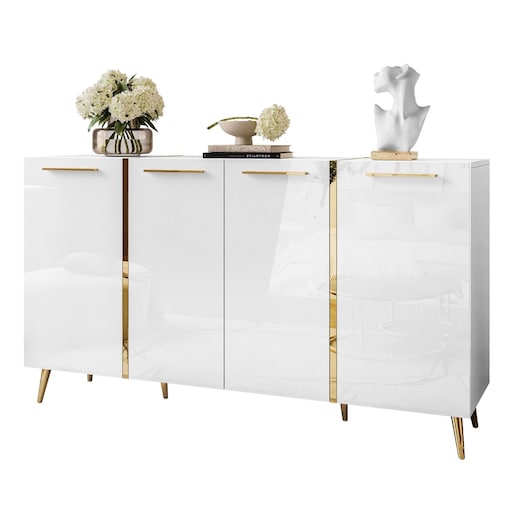 Komoda ONYX 4D 158 cm na złotych nóżkach, biała, uchwyty złote